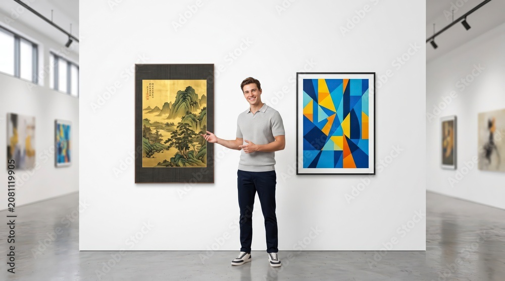 Fototapeta premium Man Presenting Framed Artworks in a Modern White Art Gallery Exhibition Space