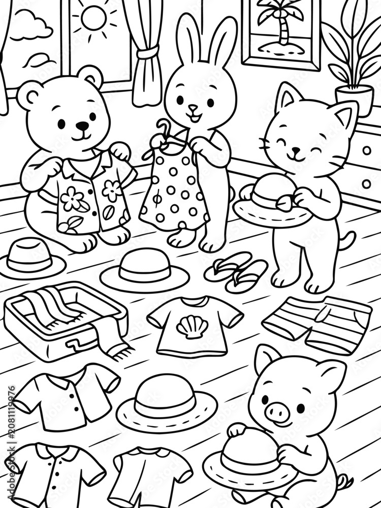 Fototapeta premium Summer Vacation Preparation: Cute cartoon animals, a bear, a bunny, a cat, and a pig, are enthusiastically packing for a summer vacation, surrounded by clothes, hats, and a suitcase.