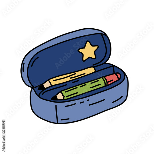 Hand drawn cute open pencil case with pens icon doodle vector back to school element