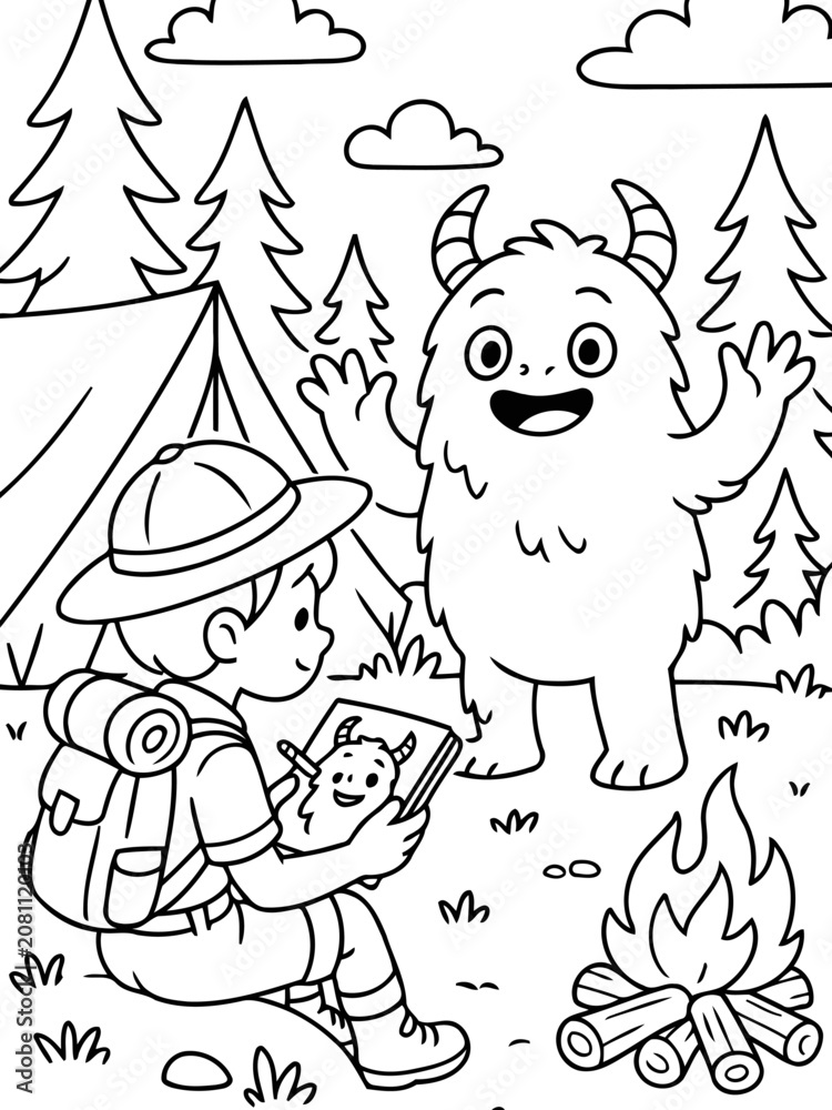 Fototapeta premium Monster Camping Buddy: A curious child camper, adorned with a scout hat and backpack, sits by a campfire, sketching a friendly, furry monster encountered during a wilderness adventure.