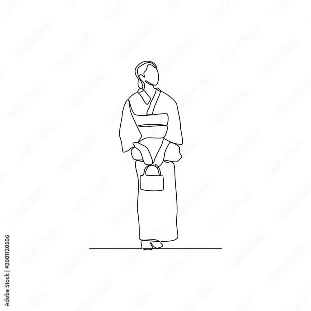 Fototapeta premium Japanese woman standing in kimono continuous line icon, traditional female character vector illustration in minimalist one line outline style, isolated on white background for culture design