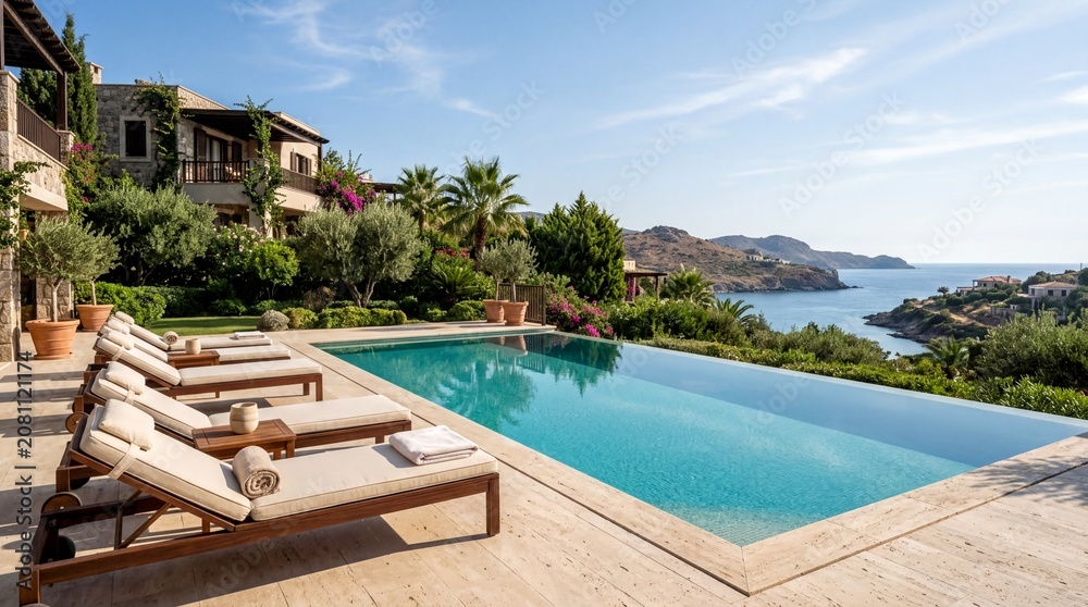 Fototapeta premium private retreat spaces, an elegant luxury pool with clear water, surrounded by serene sun loungers