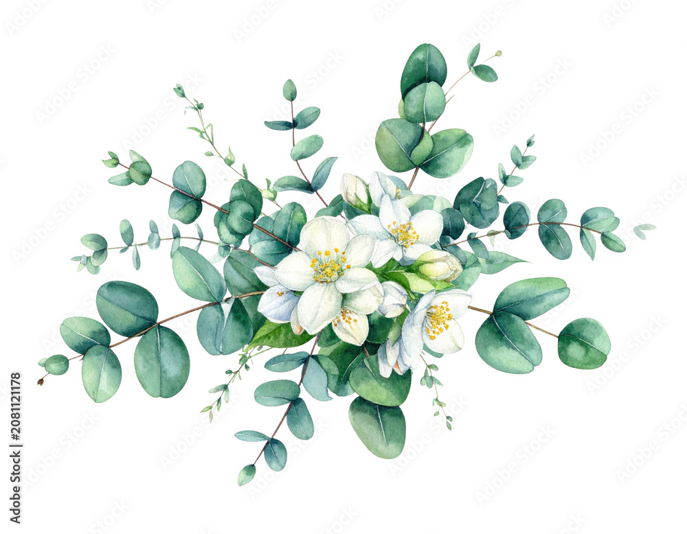 Obraz premium Watercolor illustration of a green eucalyptus flower arrangement with branches and white jasmine blooms on a clean background for design use