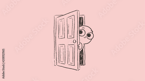 Foto Whimsical original monster doodle character with inquisitive gaze peering through a cracked open doorway standing inside mysterious shadow creative vector art illustration