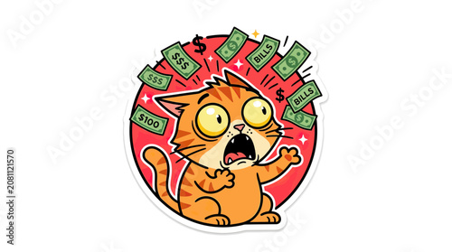 Cuadro en lienzo Shocked Cat Overwhelmed by Falling Money Bills, Financial Surprise