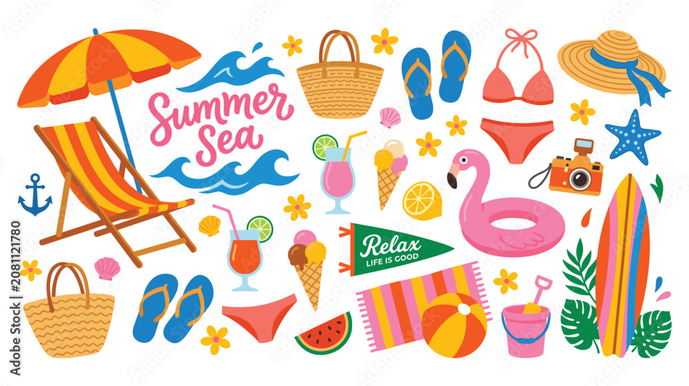 Fototapeta premium Summer beach vacation icons sea elements tropical holiday symbols.