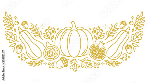 Εκτύπωση καμβά Autumn harvest composition with pumpkins squashes gourds and acorns in golden linear style