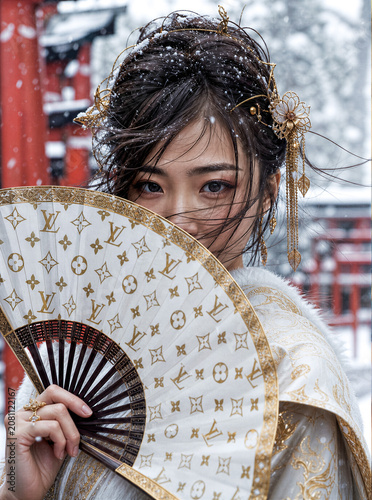 Young woman in traditional hanfu holding ornate folding fan in snow