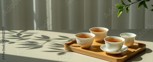 Sunlight streams onto minimalist tray with white ceramic tea cups. Shadows create elegant patterns on pastel surface. Natural light enhances cosy morning beverage.