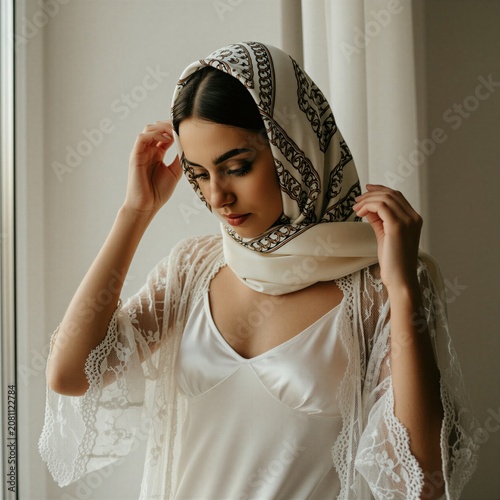 Young woman with dark hair adjusts silk headscarf and lace robe. She looks down with closed eyes near window, soft morning light. Calm beauty and self care.