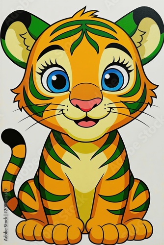 Cute cartoon tiger cub sits with a friendly smile. This orange and green striped feline has big blue eyes and a happy expression, perfect for kids content.