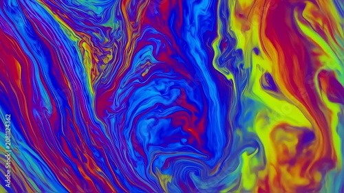 A vibrant, flowing abstract artwork with swirling streaks of bold colors blending together
