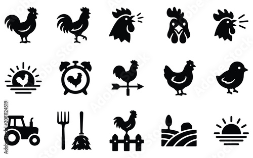 Obraz na plátne Black Silhouette Icons Of Roosters Hens Farm Equipment And Sunrise Scenes On Whi