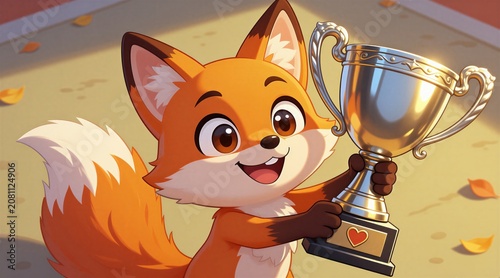 Cartoon fox holds silver trophy cup with happy face. Animal mascot celebrates victory, achievement, award. Cute character wins competition event. Illustration works for sports, success, happy themes.