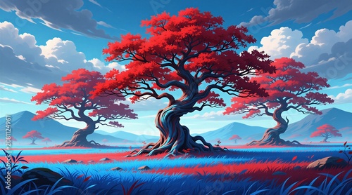 Vibrant red trees stand in blue and red field under cloudy sky. This fantasy landscape illustration conveys peace and mindfulness, ideal for nature or spiritual themes. Hills form distant backdrop.