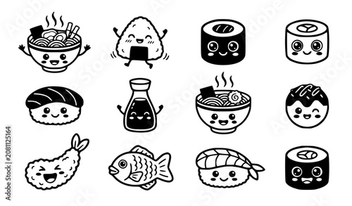 Foto Cute kawaii japanese food character vector set with funny cartoon sushi maki ram