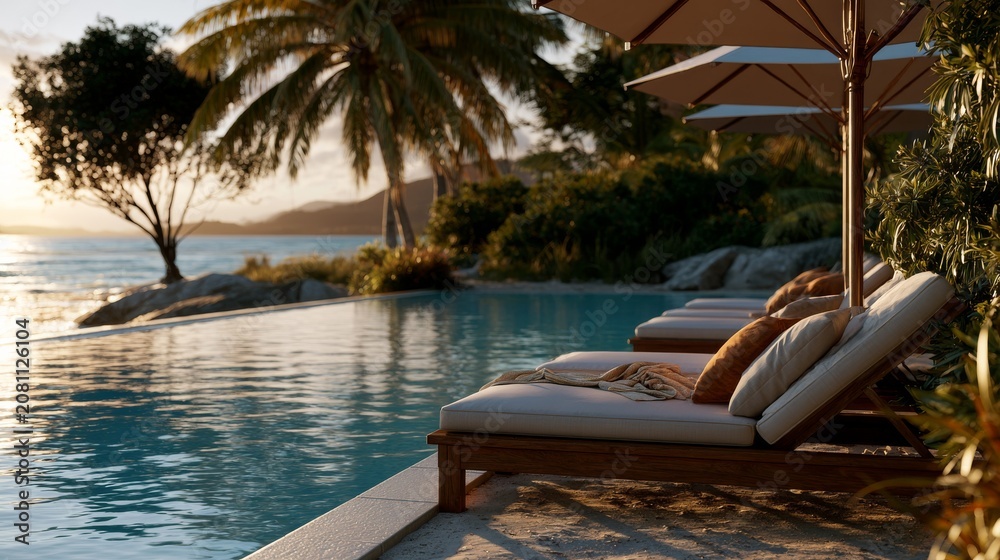 Fototapeta premium Luxury infinity pool overlooking the ocean at sunset with palm trees and lounge chairs