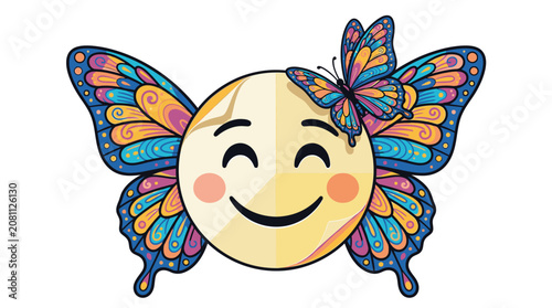 Tableau sur toile Smiling Moon Face with Butterfly Wings.