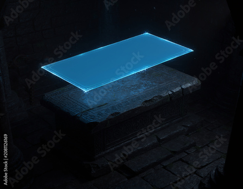 Glow of an Ancient Glowing Rectangular Energy Artifact Suspended Over a Weathered Stone Altar in a Dark Mysterious Chamber