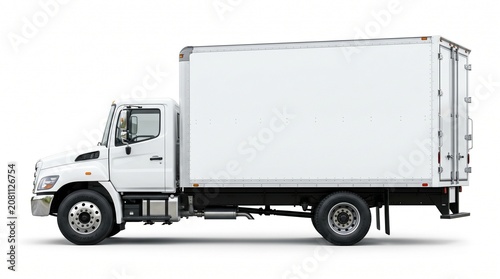 Clean white box truck, a modern commercial delivery vehicle for logistics and transportation. Blank cargo truck for branding and advertising, isolated on white background.