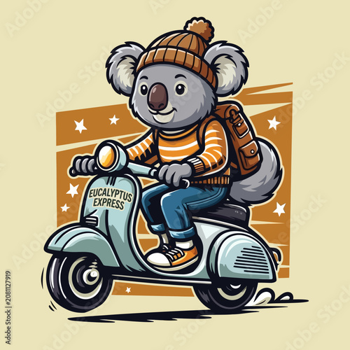 Canvas Print Koala riding a scooter with backpack.