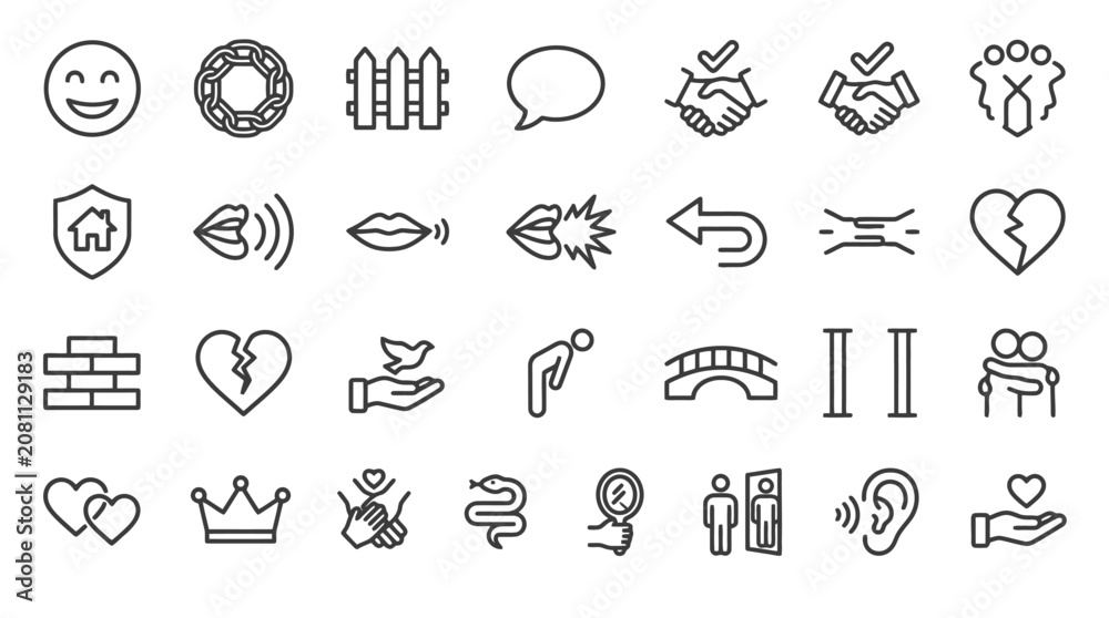 Fototapeta premium Vector Icons Collection of Human Relationship and Psychology Line Icons Representing Emotions and Social Interactions. EPS Editable