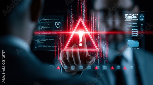 Cinematic 3D futuristic cybersecurity concept with a businessman touching a glowing red warning alert sign and holographic AI UI