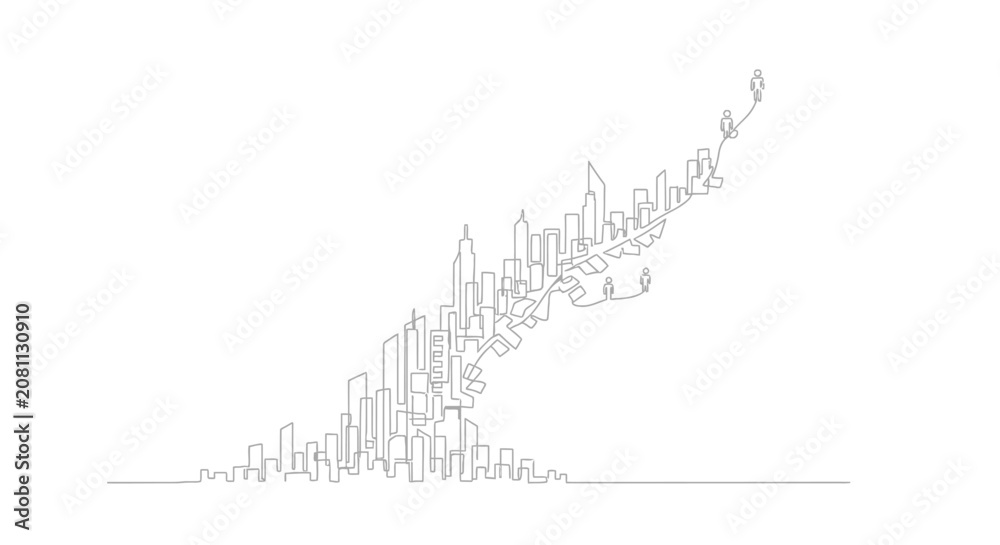 Fototapeta premium Abstract Cityscape Growth Line Art with People Icons Ascending