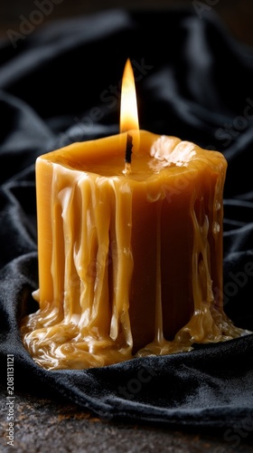 Close-up of a thick, dripping beeswax candle burning with a warm flame