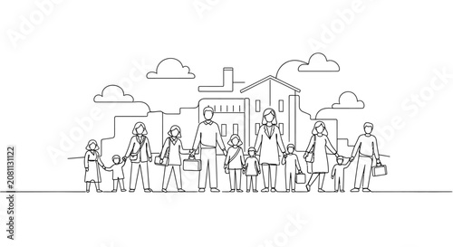 Konstfotografi Diverse family group holding hands in front of city skyline, outline illustratio