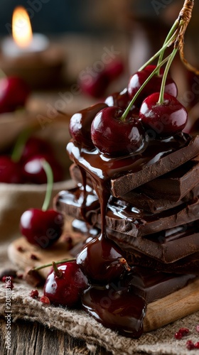 Rich dark chocolate bar stacked with fresh cherries and drizzled with glossy melted chocolate