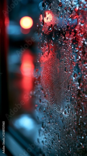 Fingerprint on wet glass with blurred red and blue city lights at night