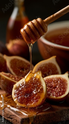 Sweet honey dripping onto fresh figs on a rustic wooden board