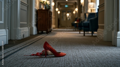 Single red high heel shoe abandoned on a hotel hallway carpet
