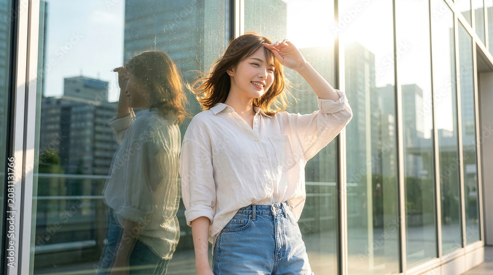 Fototapeta premium 日差しがまぶしい窓際の若い女性
