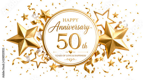 Golden 50th Happy Anniversary celebration banner, elegant gold stars and confetti background, fifty years of love and happiness greeting card isolated on White Background