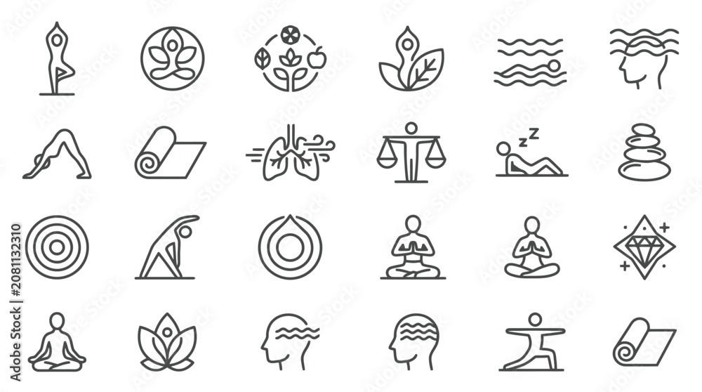 Fototapeta premium Vector Icons Yoga and Wellness Line Icon Set for Meditation and Healthy Lifestyle Design. EPS Editable