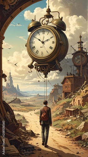 A lone figure walks towards a surreal landscape with a giant clock