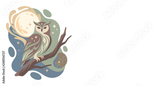 Foto Stylized whimsical owl perched on moonlit branch illustration.