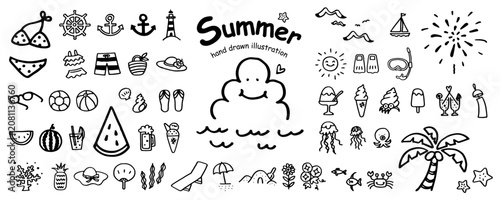 夏、夏休み、落書き、doodle、summer　手書きのイラスト素材セット（線画）