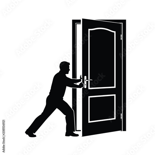Man pushing open a large wooden door in black silhouette style