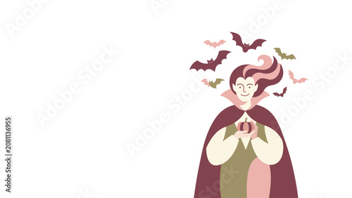 Fotografie Stylized cartoon female vampire in cloak surrounded by bats.