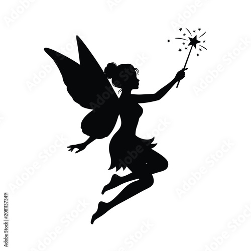 Silhouette of a flying fairy holding a magical sparkling star wand