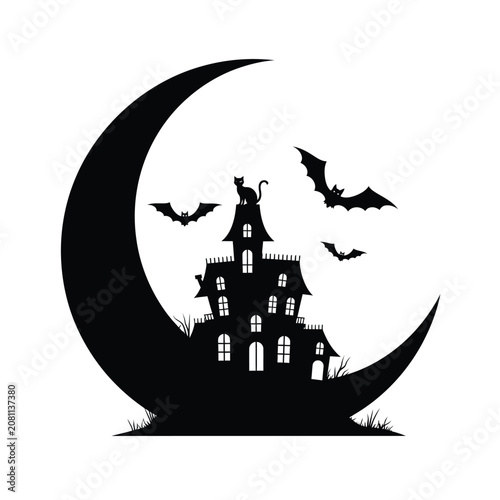 Spooky haunted house silhouette with a black cat and bats