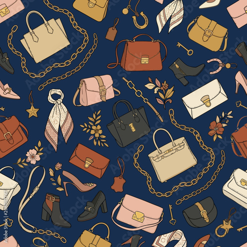 Seamless pattern with hand drawn fashion accessories handbags shoes and jewelry on dark blue background. EPS Editable. Vector Illustrations.