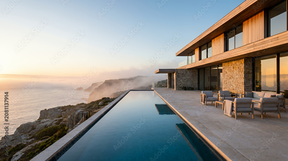 Fototapeta premium Modern luxury villa with infinity pool overlooking the ocean at sunset.