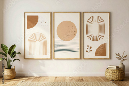 Boho Modern Wall Art Set Featuring Abstract Shapes in Terracotta and Neutral Tones