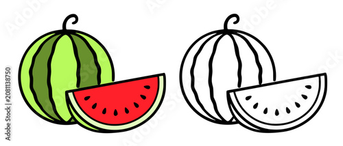 Minimalist watermelon icon, line art and colored illustration, for coloring page
