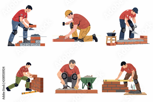 Set of flat vector illustrations of male construction workers laying bricks, building walls, and using masonry tools on a white background.