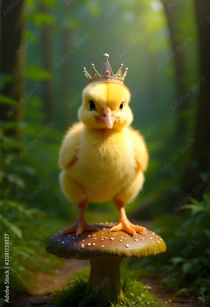 Obraz premium Curious yellow chick wearing a crown on mushroom